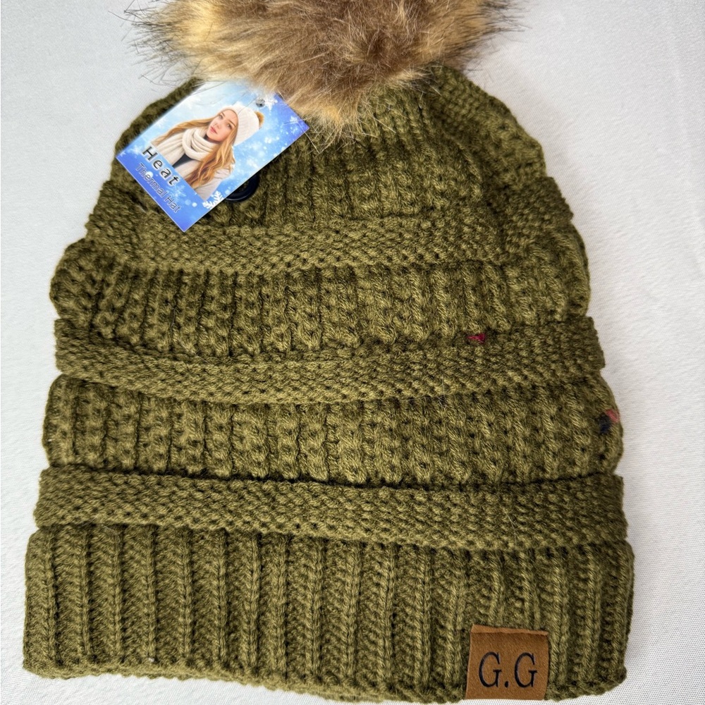 GG Olive Green Knit Beanie Lined with Faux Fur Pom